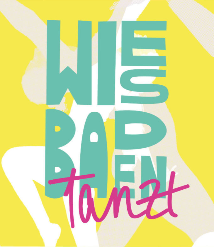 Mobile-Version der Eventgrafik „Wiesbaden tanzt“ mit gelbem Hintergrund, weißen Tanzsilhouetten und typografischem Titel in türkis und pink.